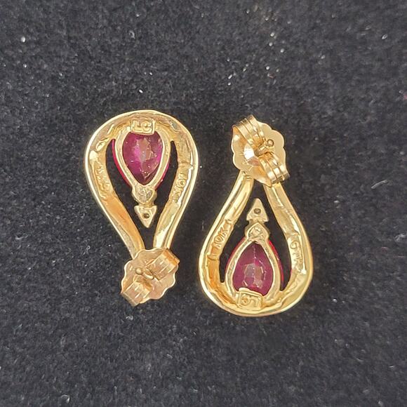 Ruby or Topaz and Diamond Teardrop Earrings Set in 10K Yellow Gold - Picture 5 of 7